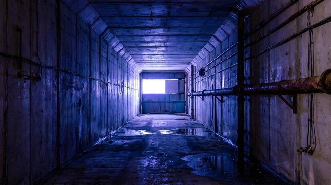 Industrial concrete tunnel with blue lighting, dark underground bunker hallway, abandoned basement corridor with pipes and puddles
