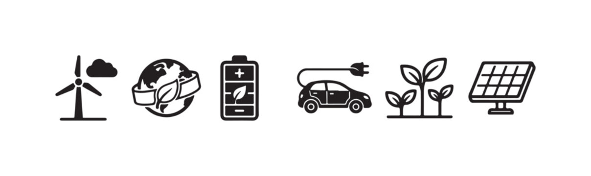 Black solid icons for green energy and sustainability: wind turbine, eco-globe, green battery, electric car, plant, and solar panel