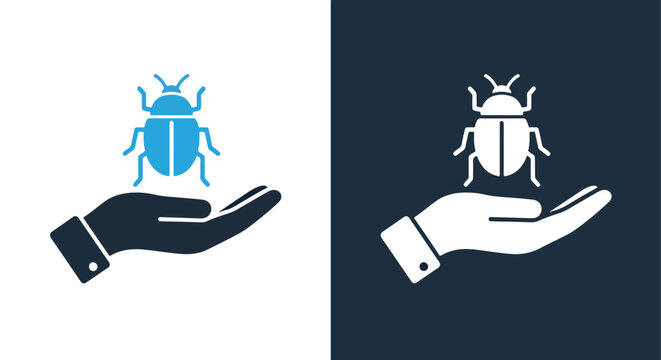Bug fix vector icon on palm of hand: Clipart, sticker - icon set - Line and glyph solid icon and logo template 