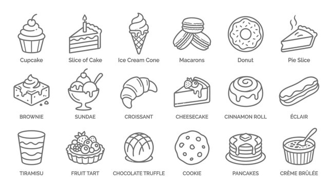 Collection of delicious dessert icons in a clean line art style, perfect for culinary themes.