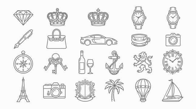 A collection of vector line art icons representing luxury, travel, and lifestyle elements.