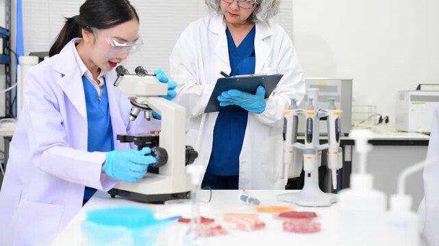 Dynamic scene of food scientists using microscopes and pipettes in a lab,