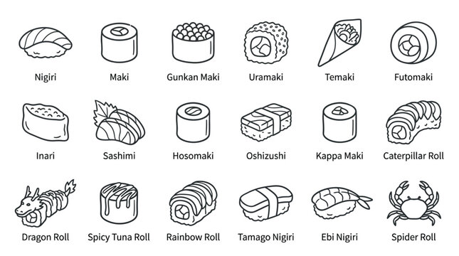 Collection of various types of sushi and rolls in a simple line art style.