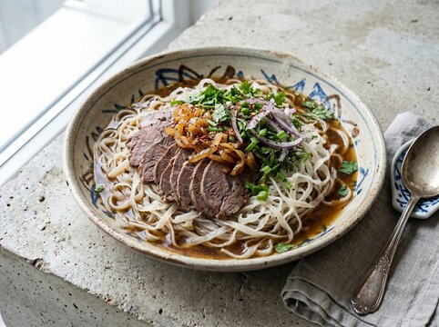 A minimalist presentation of traditional Central Asian noodle soup, featuring tender hand-pulled noodles and thin slices of succulent beef in a savory broth. Garnished with golden fried onions.