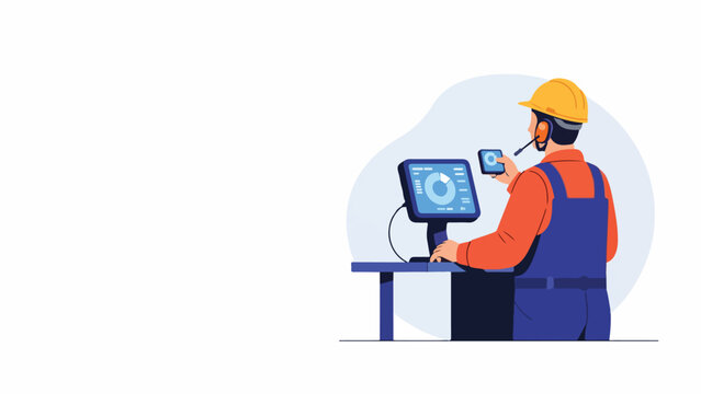 man in hard hat working on computer with safety vest