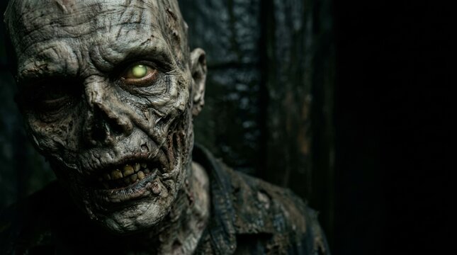 Close-up of a scary zombie with glowing greenish eyes and decaying skin looking directly at the camera. Halloween monsters, makeup and costumes for the holiday, scary