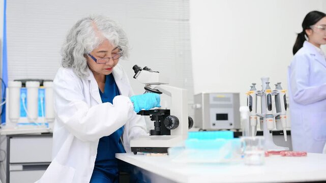 Dynamic scene of food scientists using microscopes and pipettes in a lab,