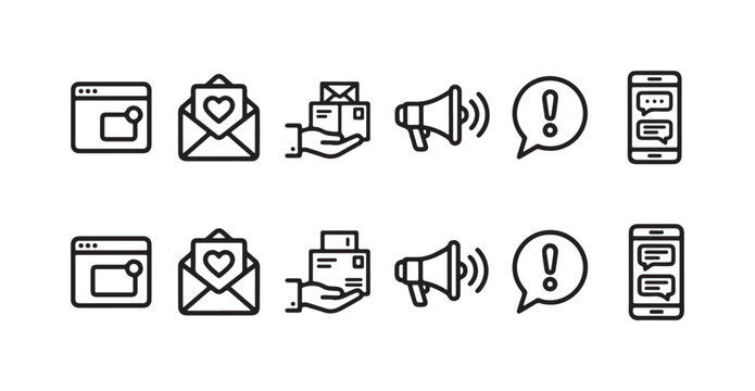 Communication and Alert Icons Set: Web Notification, Love Mail, Bulk Messages, Announcement, Alert, and Mobile Chat