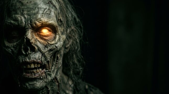 Close-up of a scary zombie with glowing greenish eyes and decaying skin looking directly at the camera. Halloween monsters, makeup and costumes for the holiday, scary