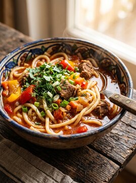 Traditional Central Asian Lagman Soup with Hand-Pulled Noodles Beef and Vegetables in Ornate Ceramic Bowl on Rustic Wooden Table Vertical Food Photography