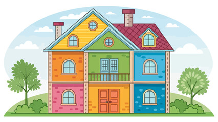 Fototapeta premium Colorful contemporary two-story residential house illustration with building residence architecture colorful property exterior suburban illustration dwelling structure cheerful residential