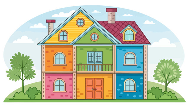 Colorful contemporary two-story residential house illustration with building residence architecture colorful property exterior suburban illustration dwelling structure cheerful residential