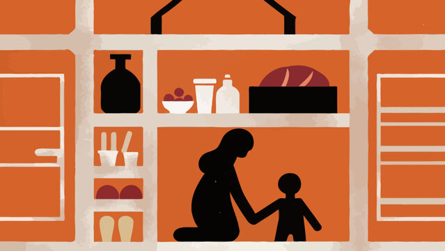 Woman and child silhouette searching pantry in emergency situation with supplies emergency silhouette shortage preparedness survival necessity nutrition scarcity illustration lifestyle