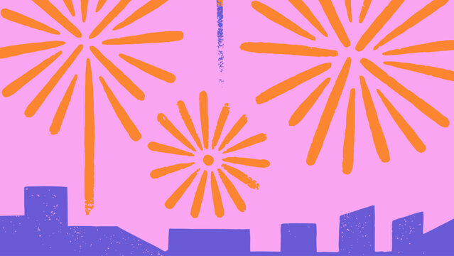Minimalist city skyline silhouette with exploding celebratory fireworks in night sky fireworks celebration silhouette new year festival illustration building landscape downtown background