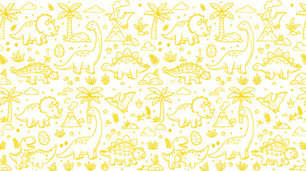 Cute Dinosaur Pattern - Yellow Line Art on White Background © titik