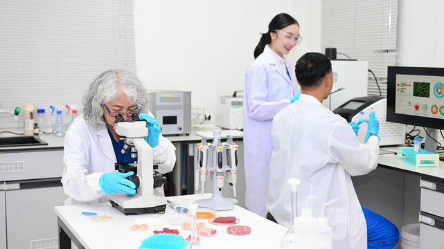 Dynamic scene of food scientists using microscopes and pipettes in a lab,
