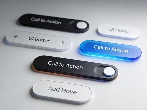 A stack of smooth oblong buttons that look like plastic toys, including a glowing see-through blue glass one in