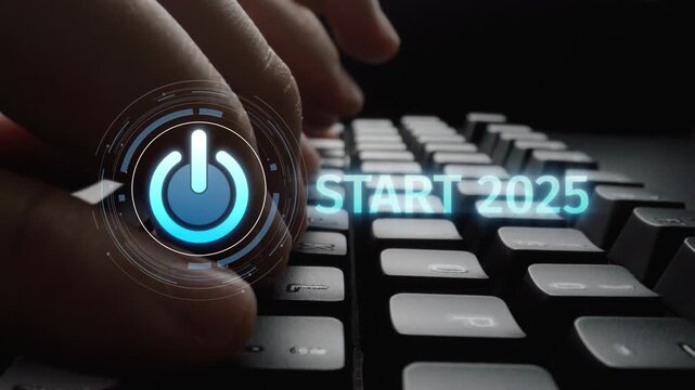 Start 2025 concept with futuristic power button symbolizing fresh beginnings, innovation, and digital transformation. Start 2025, new goals, and start 2025 initiative. Muxer