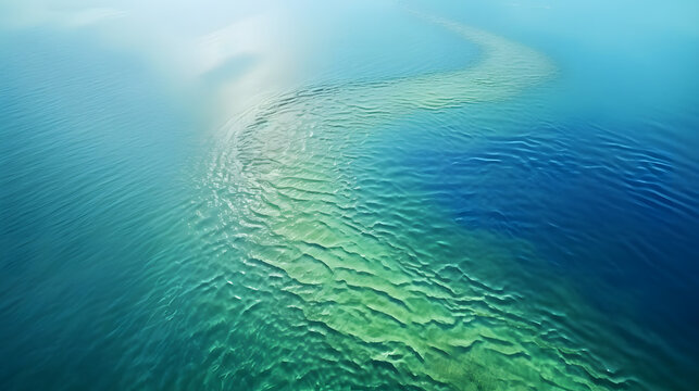 Aerial view of swirling water currents and sediment forming a boundary in the ocean