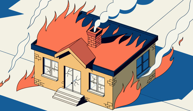 Burning house with flames and smoke isometric view isometric disaster destruction emergency accident residential property security insurance catastrophe incident building structure