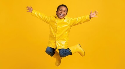 Obraz premium Happy African American Boy Jumping in Yellow Raincoat and Boots