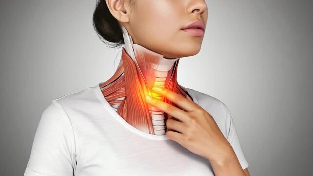 Young asian woman touching her throat and feeling strong pain. person suffering from painful swallowing, angina, loss of voice