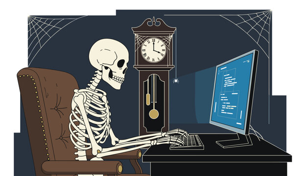 A skeleton programmer types code on a computer screen in a dark, eerie room featuring a vintage grandfather clock and dusty cobwebs in a moody blue atmosphere.