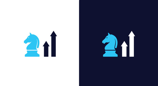 Chess knight with growth trend arrow: Clipart, sticker - icon set - Line and glyph solid icon and logo template 