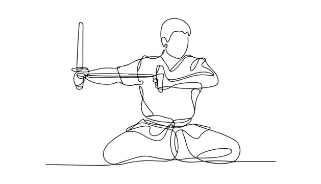 One continuous line illustration of an Arnis Player , isolated on white background.