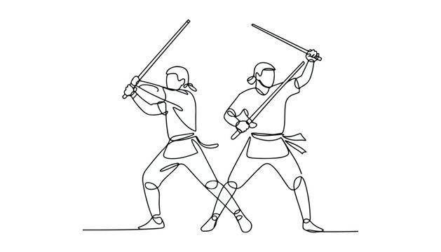 One continuous line illustration of an Arnis Player , isolated on white background.