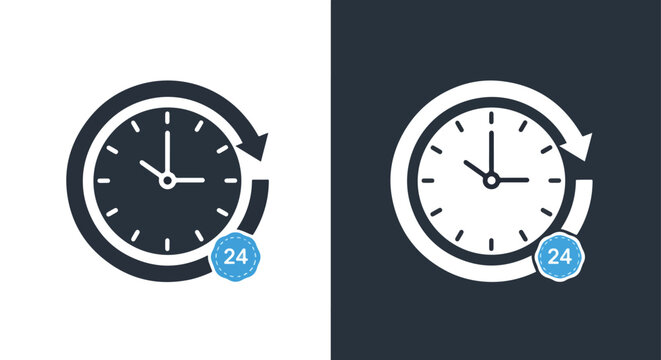 Twenty four hour service clock icon: Clipart, sticker - icon set - Line and glyph solid icon and logo template 