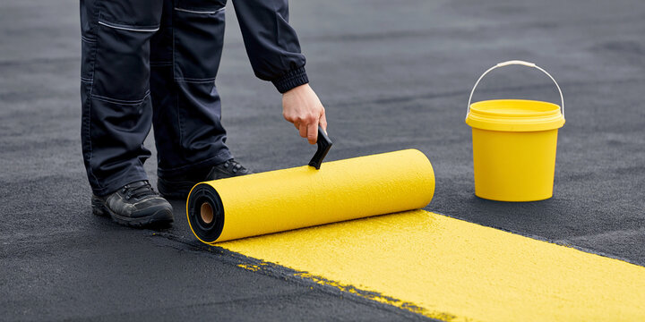 Worker rolling out yellow line marking on asphalt with bucket