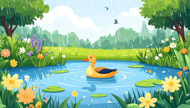 a cartoon illustration depicts a tranquil setting with a duck swimming in a pond. rain falls softly in the background, visible as vertical lines against a light sky with some clouds