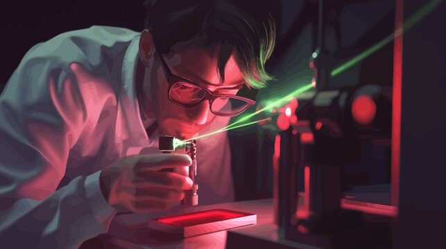 Person using a microscope with green laser light in a dark lab environment