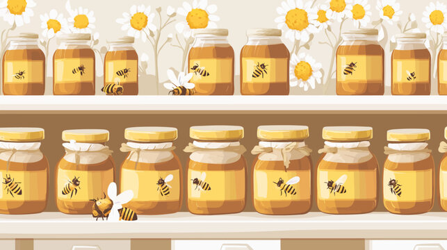 Bees collecting nectar from honey jars with daisies, soft background