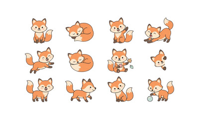Fototapeta premium Cute fox cartoon character collection, adorable woodland animal poses playful vector illustration set design