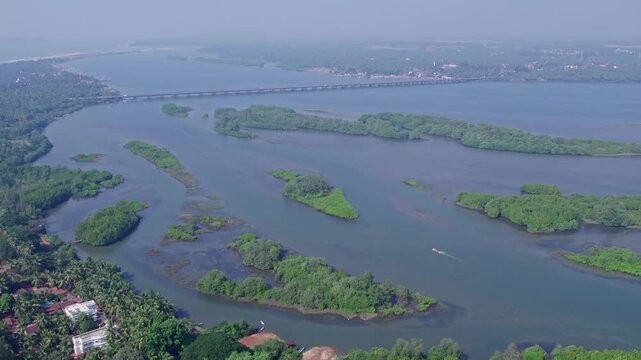 Aerial view of Sharavati coastal river near Honnavar surrounded by lush vegetated islands