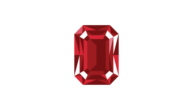A rectangular, emerald-cut red ruby gemstone with precise, sharp geometric facets and white highlights sits on a clean white background.