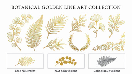 Botanical Golden Line Art Collection: Leaves, Branches, Wreath, Ginko, Fern © Teh