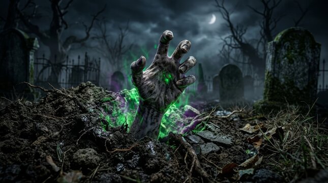 Zombie hand reaching out from grave with glowing crystals in an eerie graveyard under a crescent moon