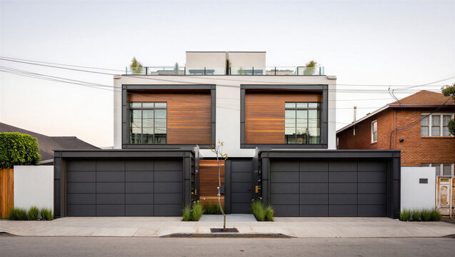 Contemporary multi family duplex home with wood accents and roof terrace design, real estate