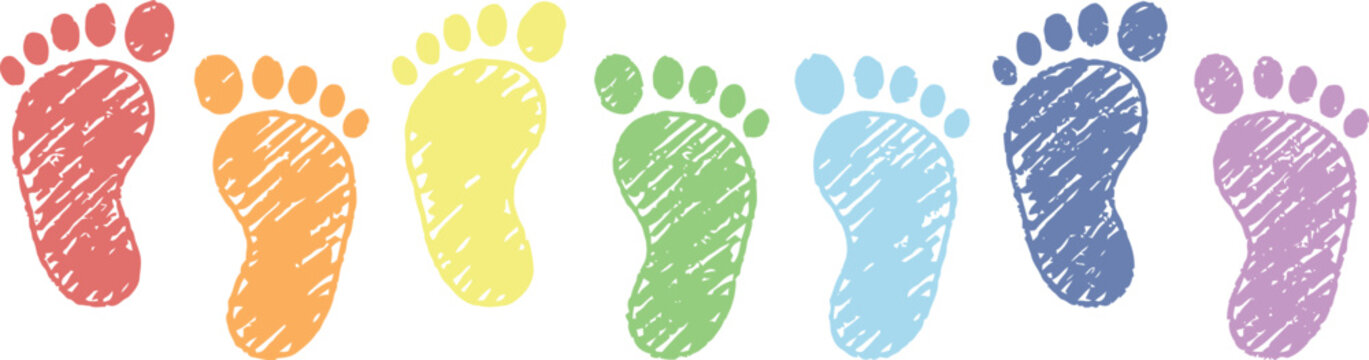 Footprints colorful set. hand drawn, baby feet shapes.