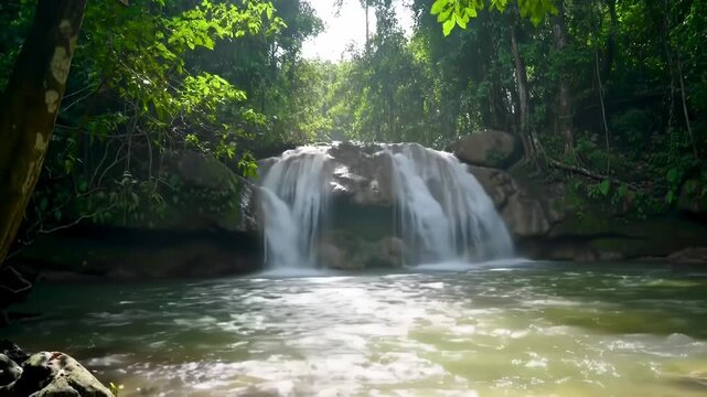 Hidden waterfall cascading over smooth rocks into a natural pond surrounded by dense tropical jungle foliage with sunlight filtering through the lush green forest canopy.