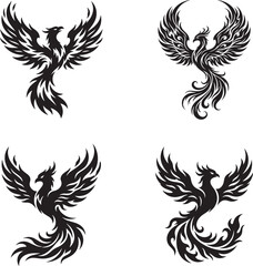 Obraz premium Vector set of heraldic phoenix wings and tribal decorative tattoo design elements featuring birds, flowers, leaves, dragons, and vintage ornamental patterns in black style