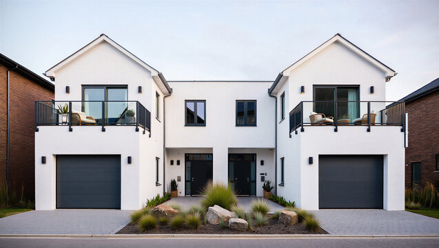 Modern duplex house exterior with dual garages and symmetrical design real estate two family
