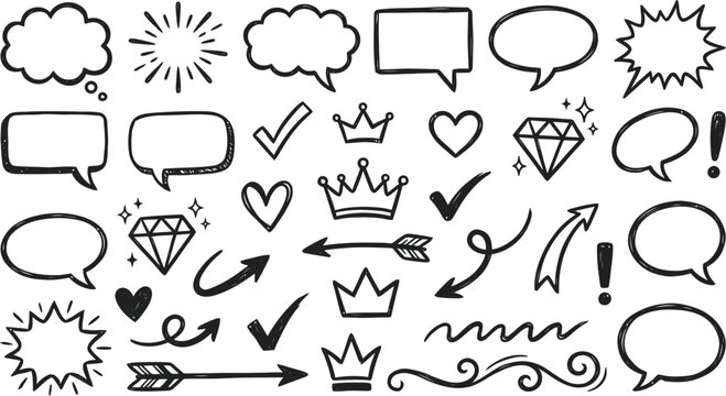 Hand drawn doodle set, speech bubbles, arrows, crowns, hearts,diamonds, check marks.