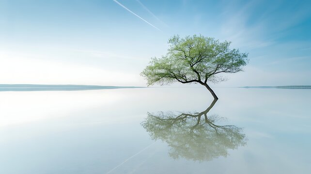 A lone tree stands on calm water with reflection under blue sky