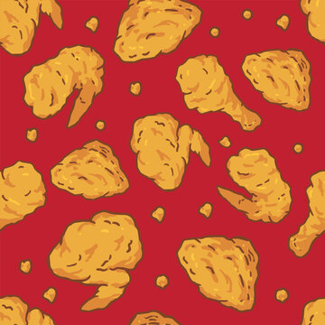 Seamless crispy fried chicken pattern on red background