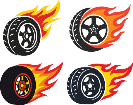 A vector illustration set of car wheels, fire flames, and sports car icons showing speed, transport, and automotive design elements