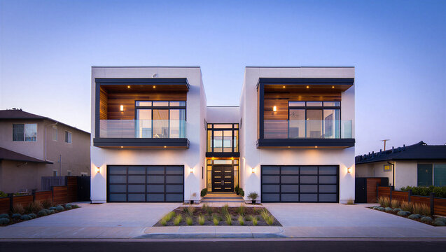 Contemporary two story house with modern white exterior and glass balconies real estate exterior